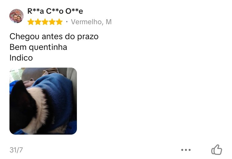 Avaliação cinco estrelas: chegou antes do prazo, bem quentinha, indico. Com foto enviada pela cliente.